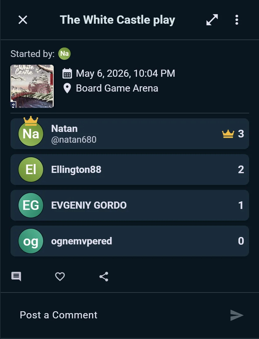 A synced Board Game Arena table in Ludoya: The White Castle, four players by BGA username, winner crowned