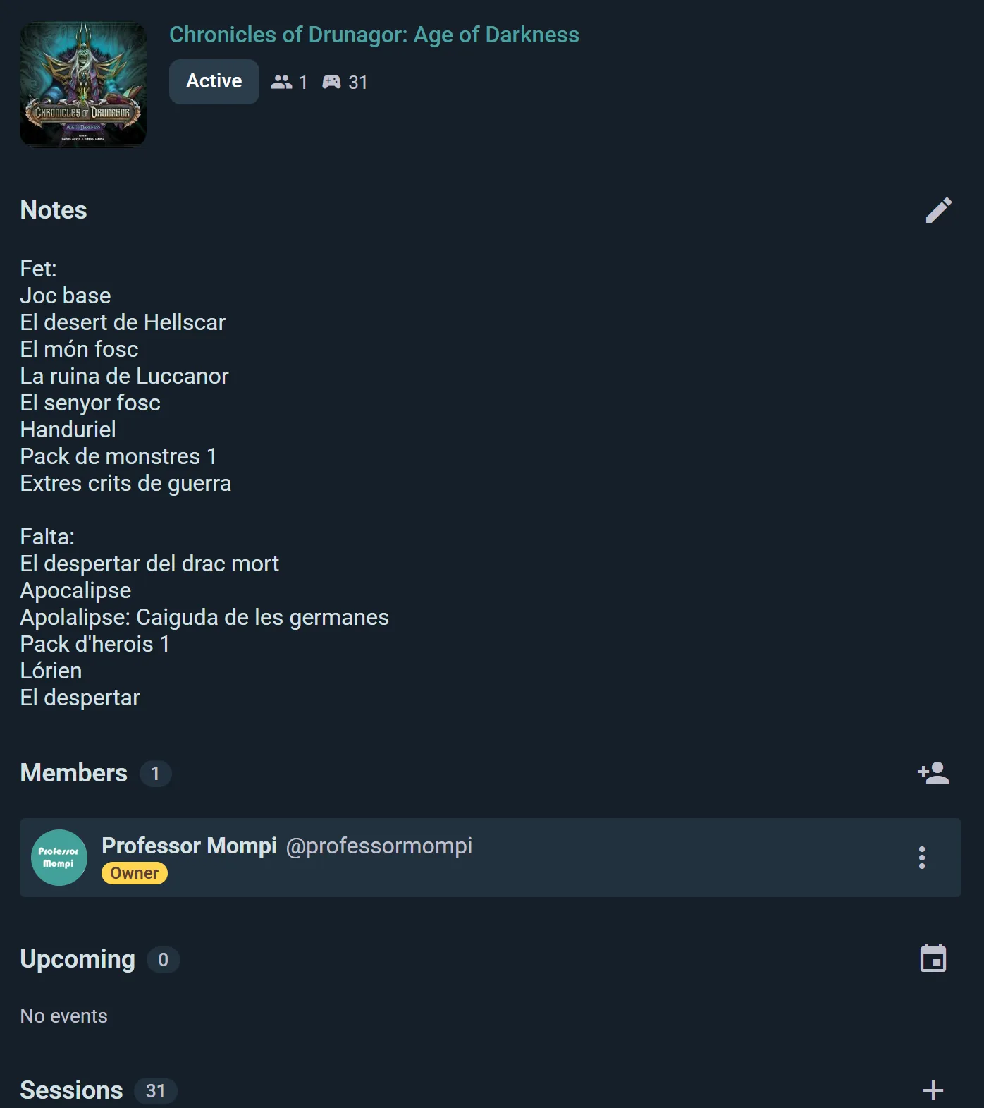 A campaign page with notes, members, upcoming events and the session log