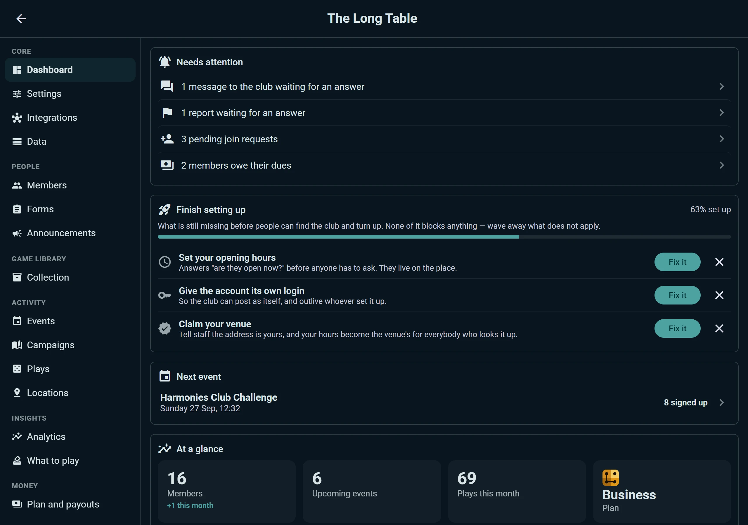 The console's dashboard: what needs an answer, what's left to set up, the next event and the club at a glance