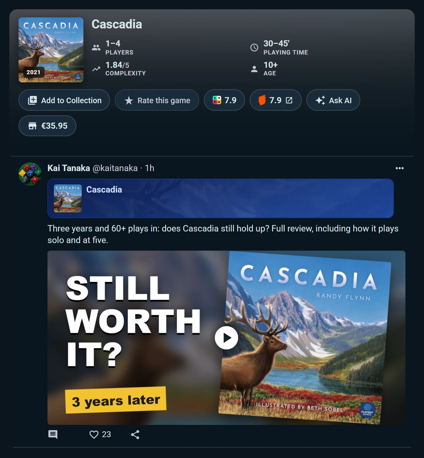 La video recensione in inglese di Cascadia di un creator, mostrata sulla pagina del gioco sotto l’intestazione