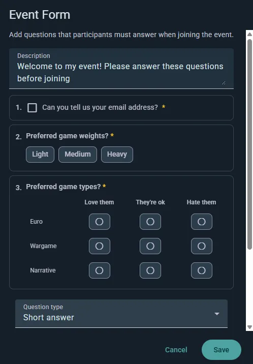 Building a custom attendance form for an event