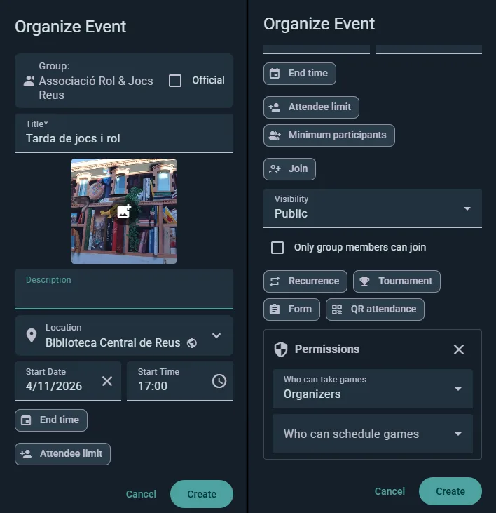 Event creation form