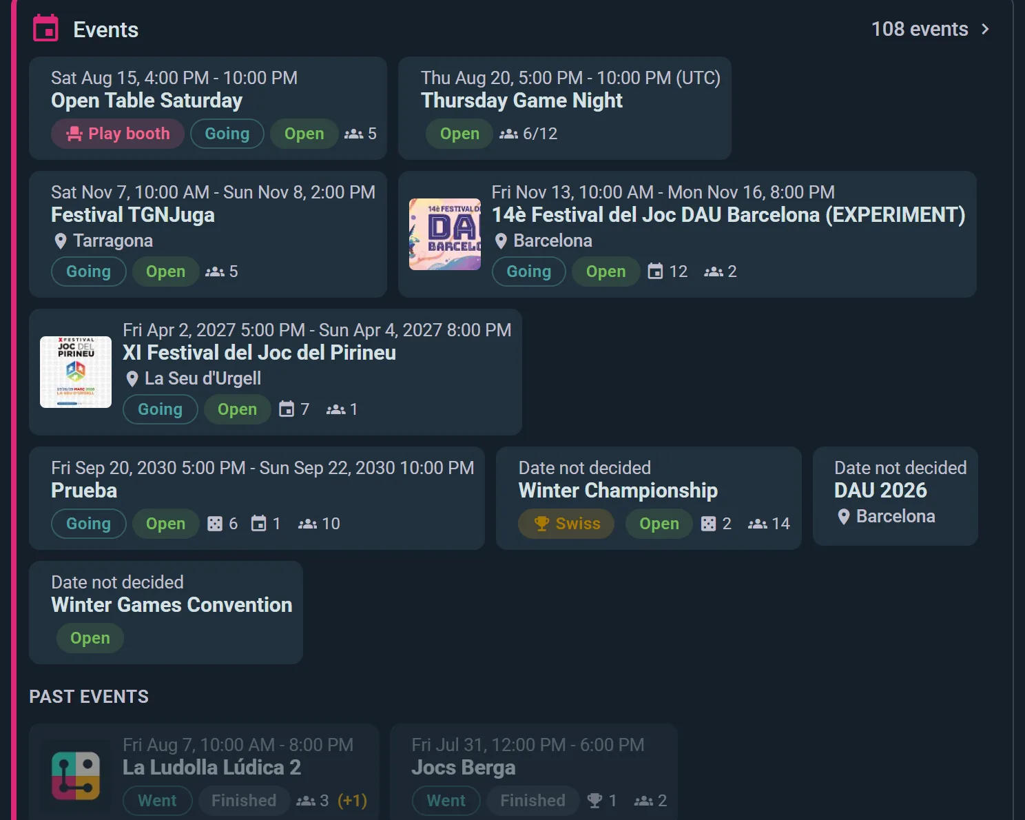 Your events at a glance, with status chips from Open to Finished