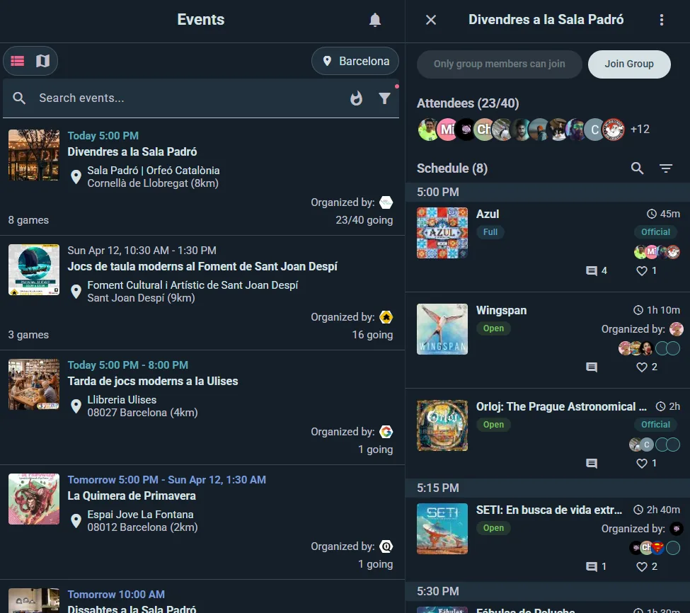 Event discovery: game events on a list and map, each one a tap from joining