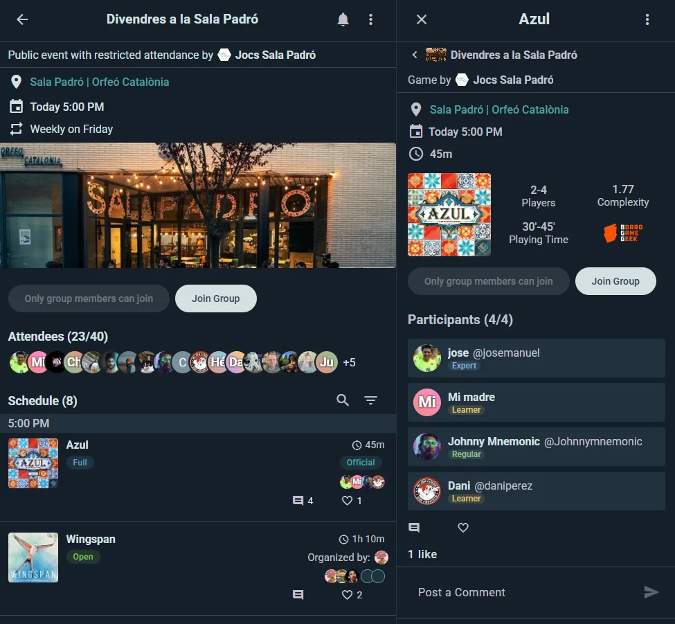 Full event page showing host, location, attendees, and scheduled games