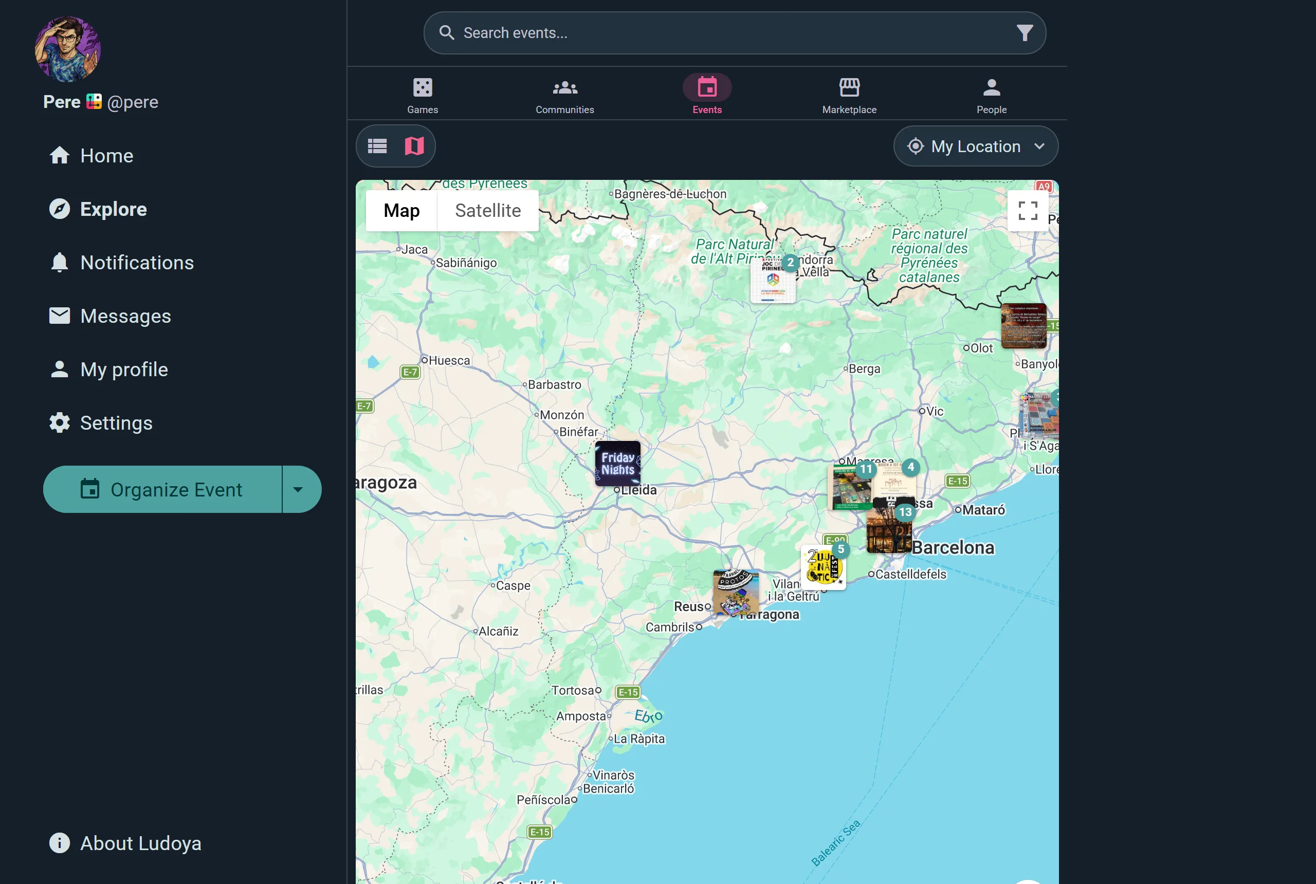 Map view with event markers