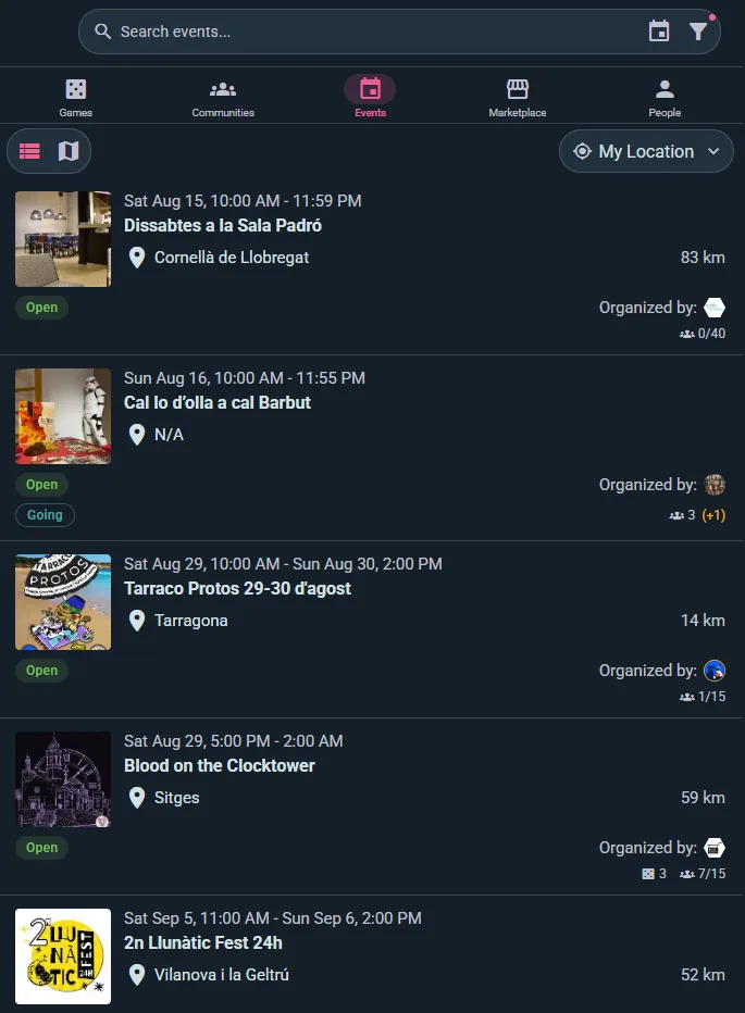 Nearby events in Explore, with dates, venues, distance and who's organizing