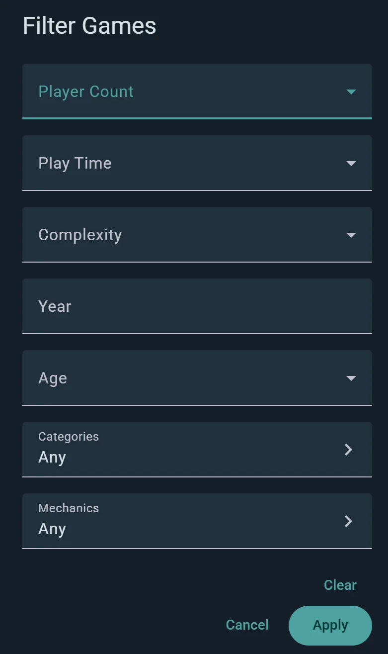 Il filtro Giochi: numero di giocatori, tempo di gioco, complessità, anno, età, categorie e meccaniche