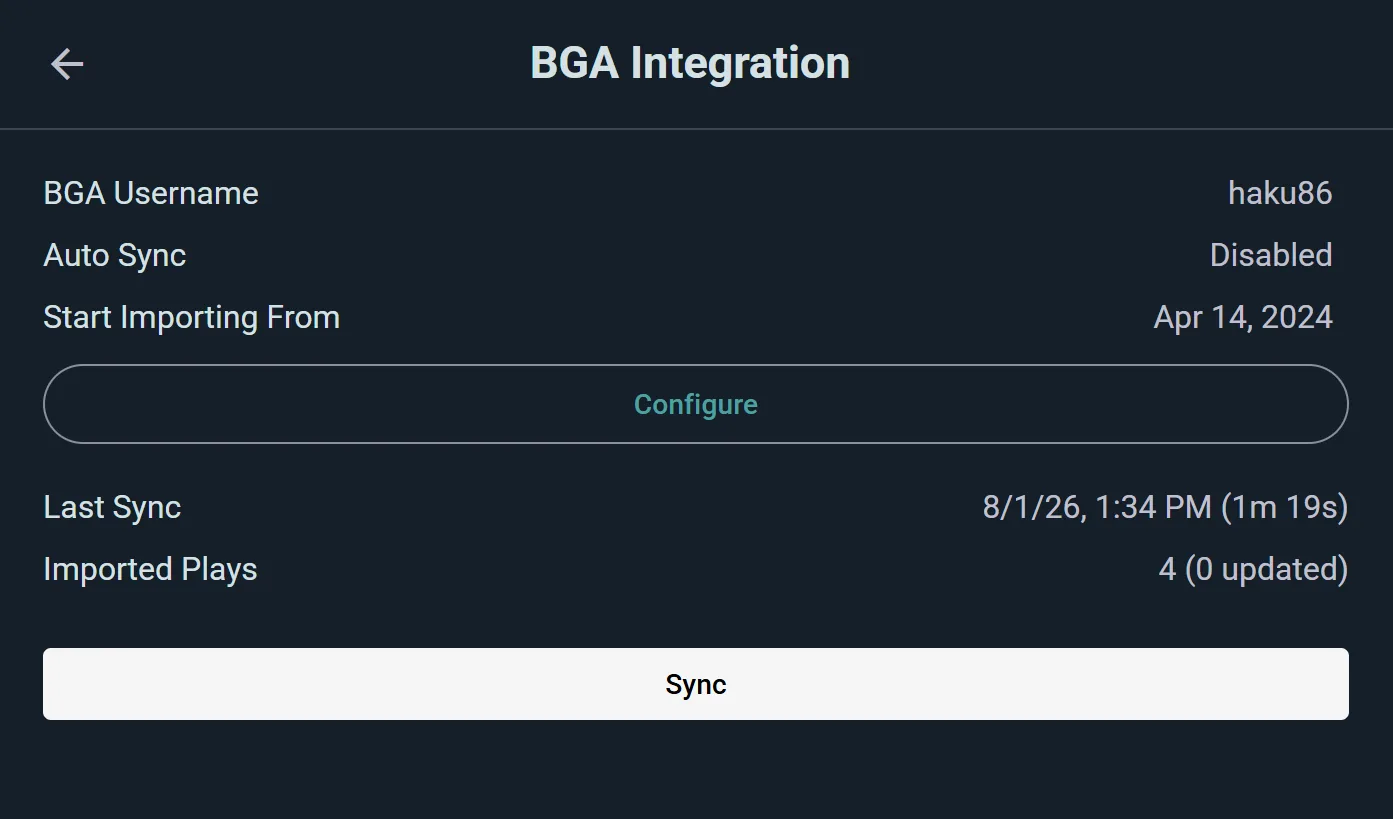 De Board Game Arena-integratie: je gekoppelde BGA-gebruikersnaam, de startdatum voor importeren en je laatste synchronisatie
