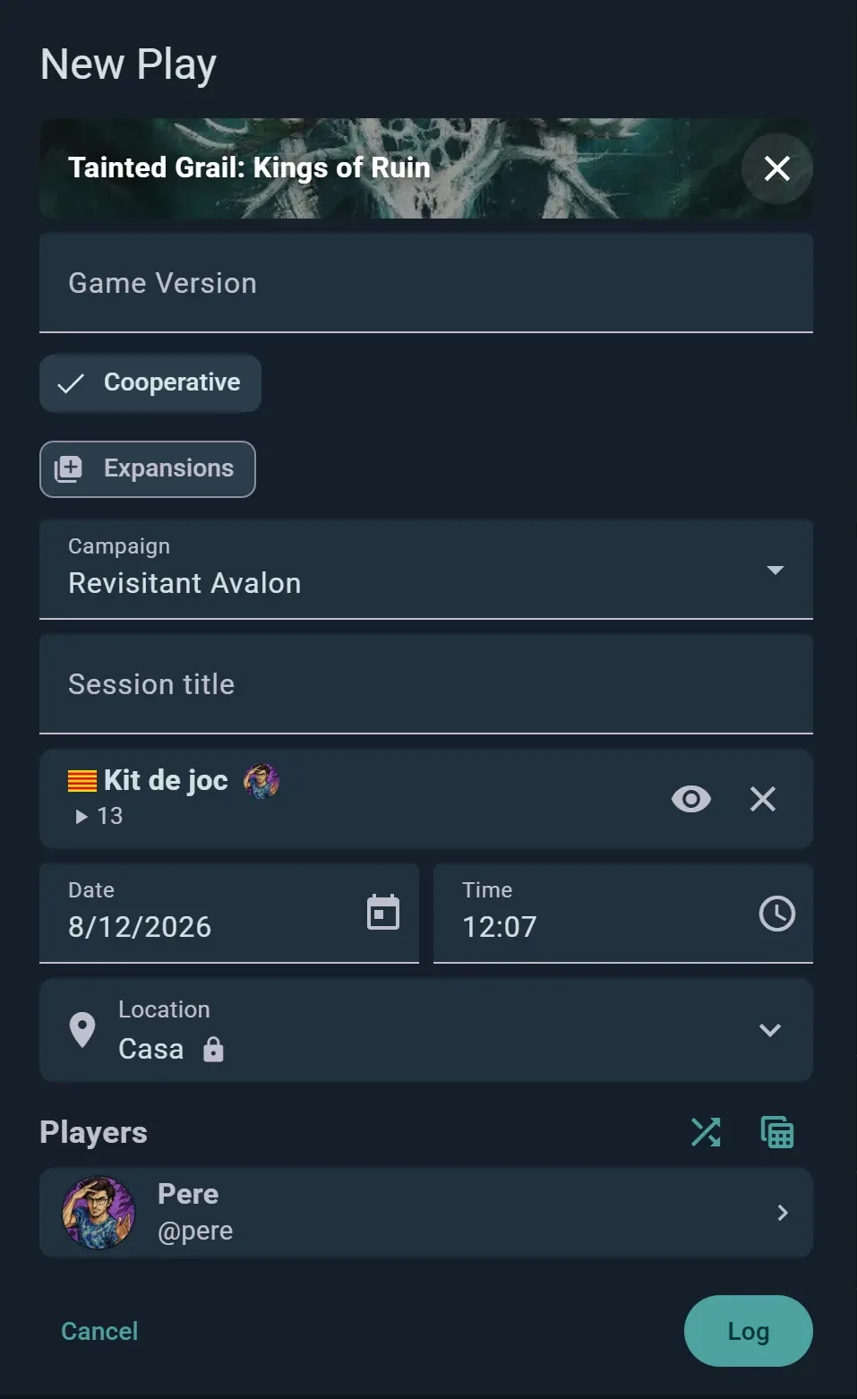 The New Play dialog: game, date, location and players in one short form