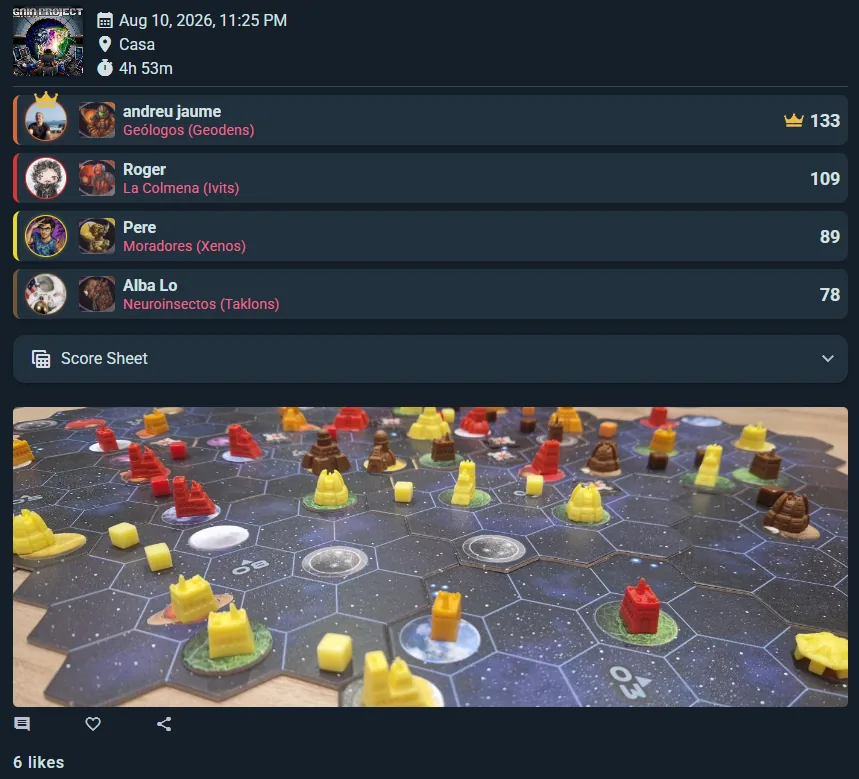 A shared play page: players tagged, scores, winner crowned, board photo and comments