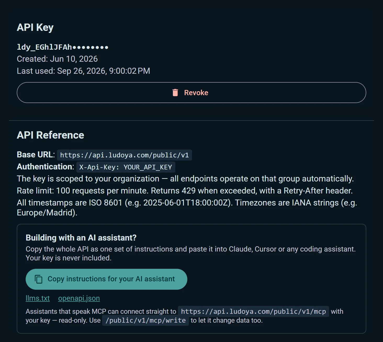 The API console: an ldy_ key with its created and last-used dates, the base URL, rate limits, and the card for AI assistants with llms.txt and the MCP endpoint