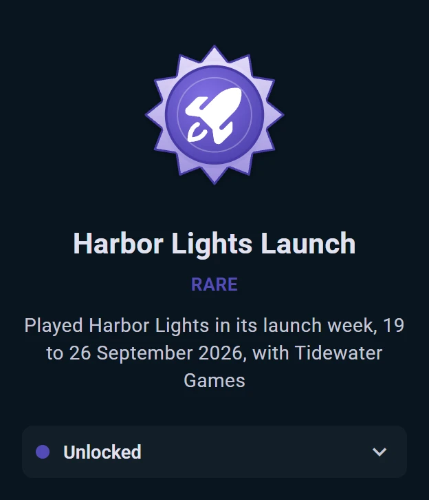 Il badge della settimana di lancio di uno sponsor sul profilo di un giocatore: Harbor Lights Launch, raro, ottenuto giocando dal 19 al 26 settembre