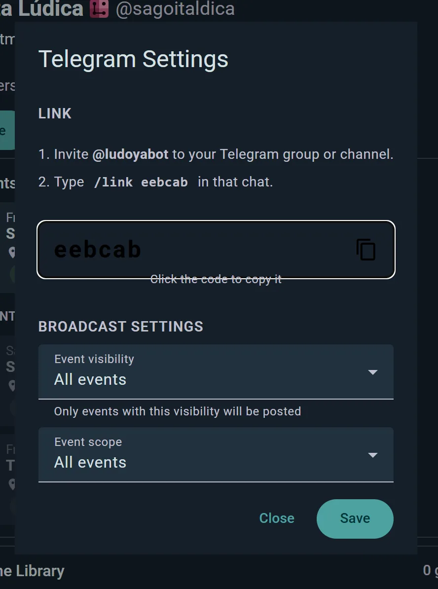 Telegram-instellingen: de koppelcode om in je chat te plakken, plus welke evenementen worden aangekondigd