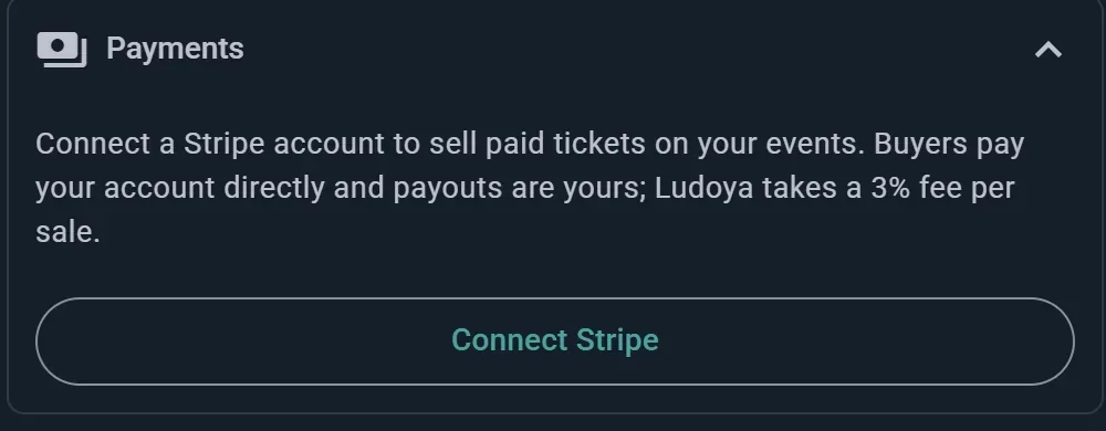 The Connect Stripe card, with the 3% per-ticket fee stated in the UI itself