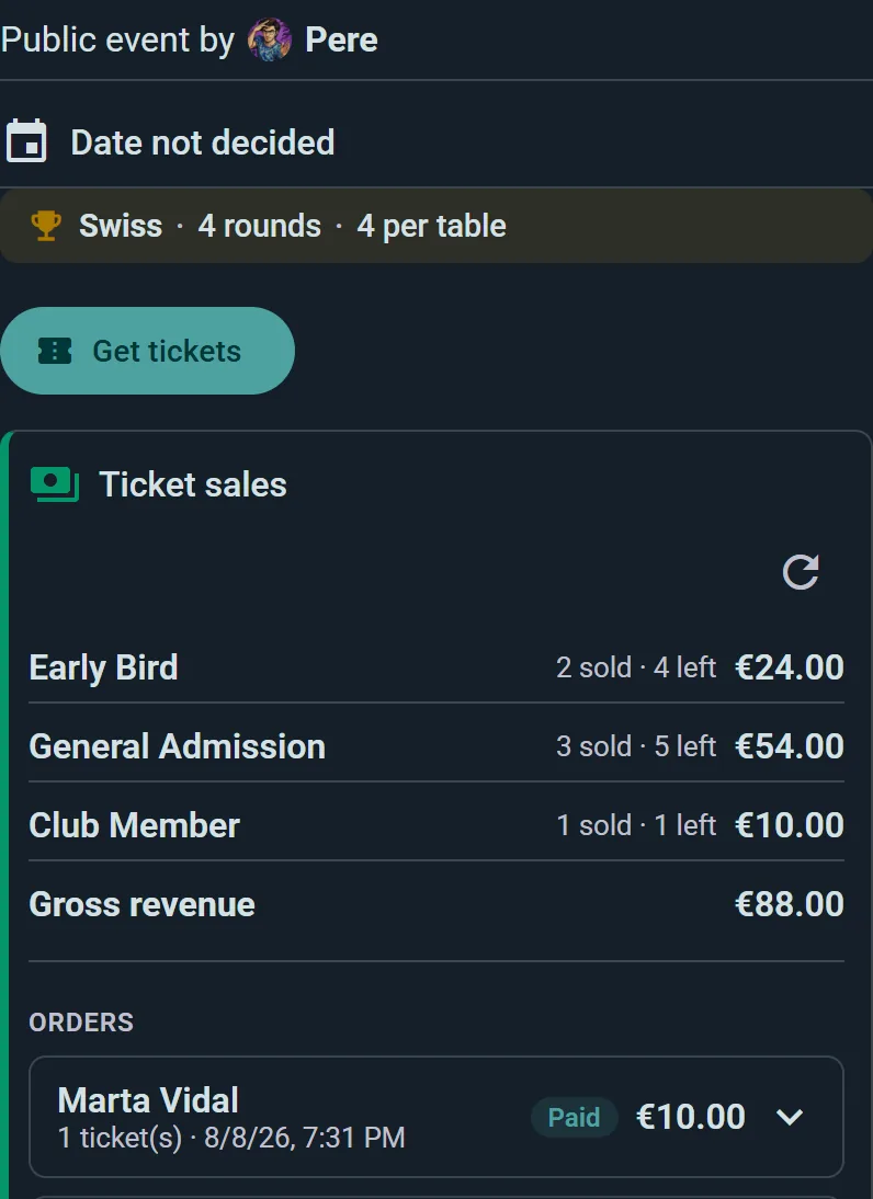 Ticket sales panel: Early Bird, General Admission and Club Member tickets with live gross revenue