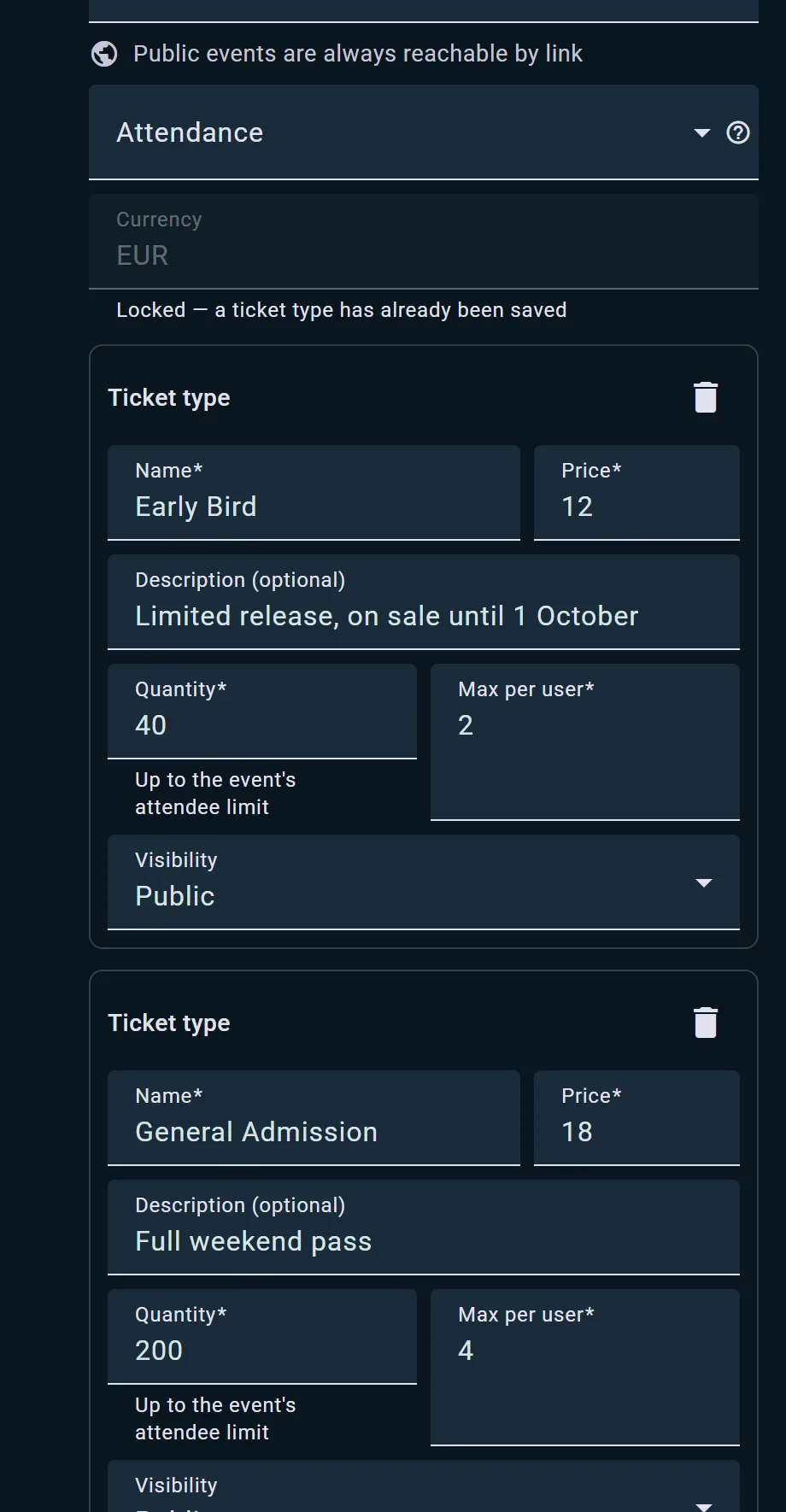 Ticket types with prices, quotas and per-user limits configured on the event itself